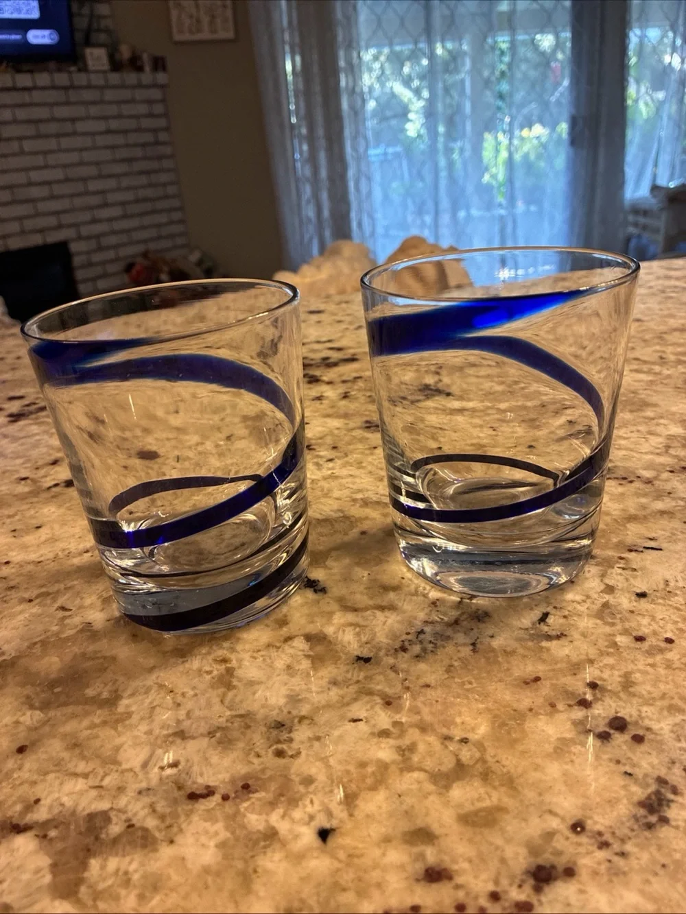 Pier 1 Clear Handblown double old fashion glasses Cobalt Blue Band - Set of 2